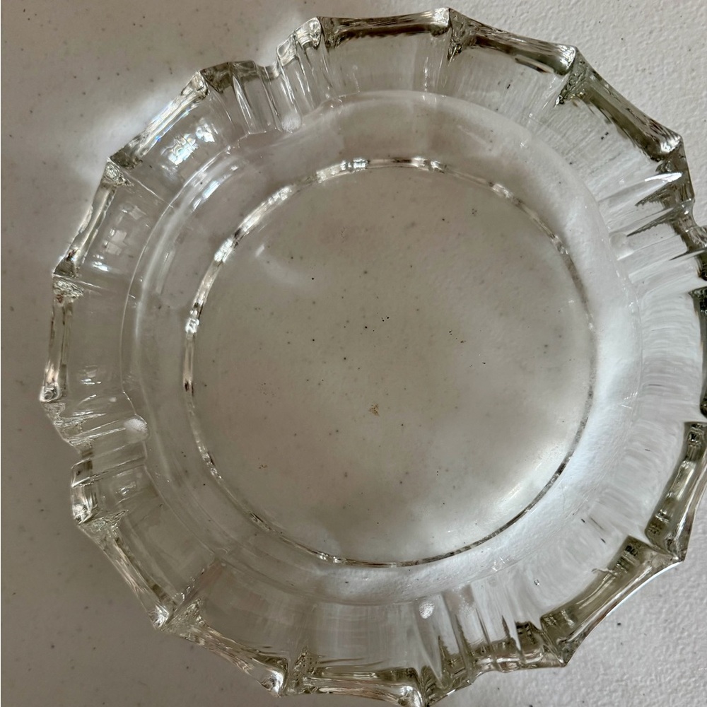 Vintage Heavy Clear Cut Glass Ashtray - MCM Scalloped Edge Decor